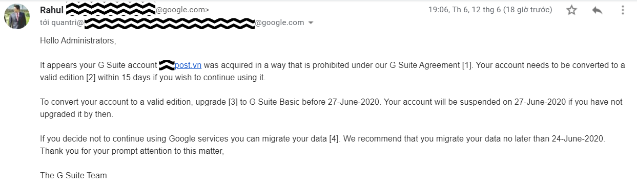 Your G Suite account will close in 15 days